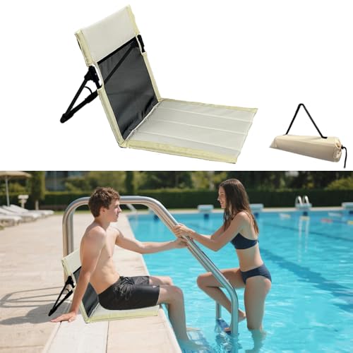 Portable Poolside Chair with Mesh Backrest, Includes Carry Bag (Beige)