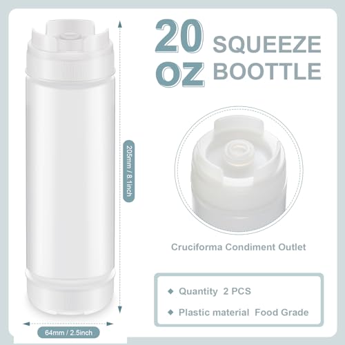 Didaey 2 Pcs 20 oz Inverted Plastic Squeeze Bottles, Refillable Tip Large Valve Dispenser Condiment Squeeze Bottle for Sauces Ketchup Sour Cream Self Sealing Syrup Dispenser for Restaurants (White)