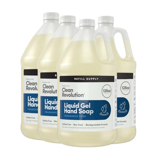 Image of Clean Revolution Fragrance Free Liquid Gel Hand Soap Refill - Sulfate-Free Unscented Gel Hand Wash for Sensitive Skin, Moisturizing Bulk Refill, Non Toxic Formula, Made in the USA, 128 Fl Oz, 4 Pack