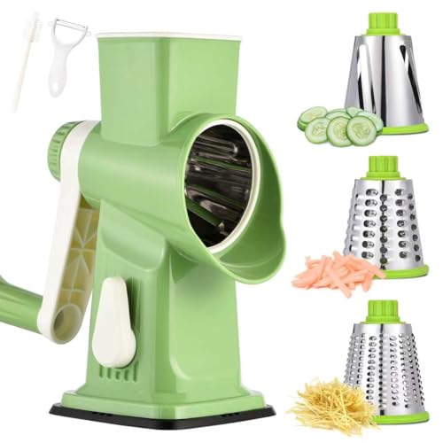 Image of Rotary Cheese Grater Hand Crank Transparent - Shredder Slicer Grinder 3 Stainless Steel Blades, Stable Suction, Labor-Saving Handle, Safe Kitchen Tool for Cheese, Vegetable, Nuts, Chocolate