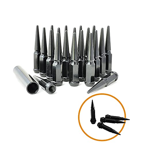 Image of 20PCS 4.4 inch Length 14x1.5 Black Wheel Spike Lug Nuts,Cone /Conical Bulge Seat,Closed End Nuts with 1 Socket Key and Gift Set 4 Pcs Black Aluminum Tires Valve Stem Cover Caps