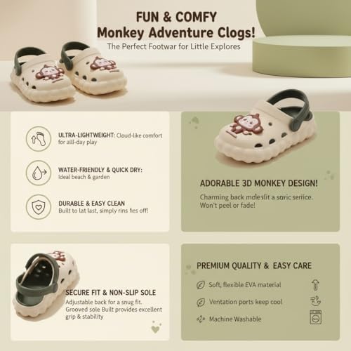 Image of GLJ Monkey Design Kids Clog Shoes - Comfortable Indoor and Outdoor Sandals for Boys & Girls 3150