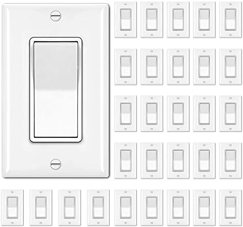 [30 Pack] BESTTEN Single Pole Wall Light Switch with Wallplate, 15A 120/277V, Decorator On/Off Rocker Paddle Interrupter, UL Listed, White