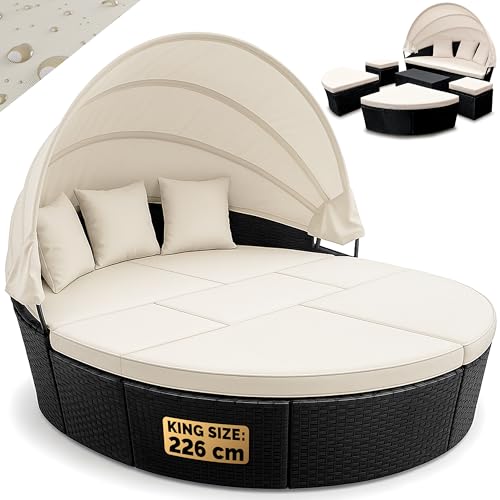 Casaria® Salon de Jardin Noir Ovale 226 cm de diamètre Ensemble en polyrotin avec Coussins et Pare-Soleil Bain de Soleil