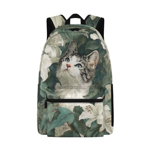 Cat in Lilies Print Kids Backpack with Animal Design School Bookbag for Students Boys Girls