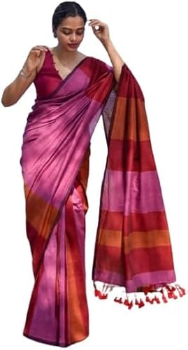 Women's Designer Striped Indian Handloom Ethnic Cotton Saree With Tassels