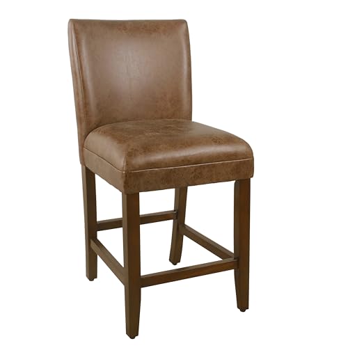 HomePop Fabric Upholstered Parsons Leatherette Counter Height Barstool Chair – 24-Inch, Distressed Brown Faux Leather