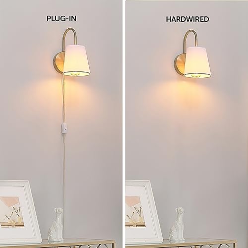 Image of Globe Electric 65000053 1-Light Hardwire or Plug-in Wall Sconce, Matte Brass, White Textured Shade, Arched Arm, Lighting, Home Decor, Lights for Bedroom Plug in