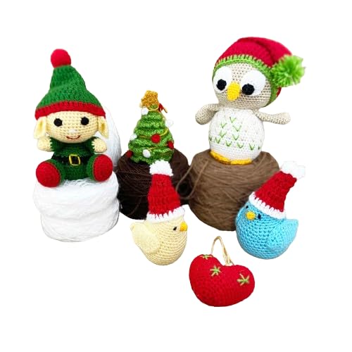 Handmade Crochet Plush Soft Toys Set – Elf, Owl, Two Birds, Tree & Heart Ornament – Amigurumi Holiday Decorations, Yarn Figurines, Festive Decor – Set of 6