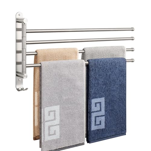 NearMoon Swivel Towel Rack 19.5 Thicken 304 Stainless Steel 4-Arm Towel Bar Space Saving Wall Mounted Towel Holder with Hook Rustproof Swing Out Towel Hanger for Bathroom Kitchen (Brushed Nickel)
