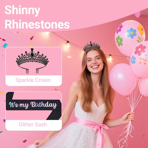 Birthday Tiara and Crown with Sash, Birthday Tiara for Women Party (Black)