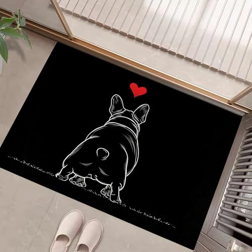 Fußmatten Für Den Innenbereich, Französische Bulldogge Maschinenwaschbar 50 X 80 cm, Weich Saugfähig Fußmatten, Mit Rutschfester Rückseite Fußmatte Schwarz Einfacher Animalprint