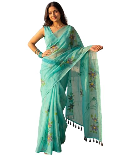 Image of AKHILAM Women's Cotton Saree with White Daisy Floral Prints Tassel Pallu Lightweight Summer Saree