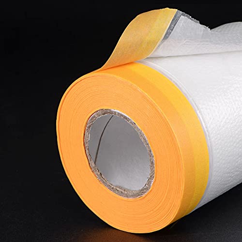 Image of uxcell Pre-Taped Masking Film, 9 ft x 49ft, Plastic Drop Cloth with High-Tack Painters Tape for Painting Protection Orange 3Pcs