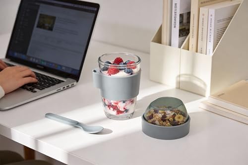 Image of Stegl Glass Yogurt & Coffee Cup 400ml with Dual-Compartment Topping Lid, One-Hand Flip Click Lock, Spoon & Silicone Sleeve - For Overnight Oats, Cereal, Fruit & Coffee Snacks