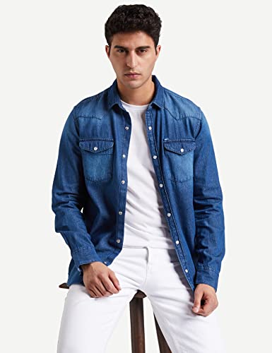 Image of Amazon Brand - Symbol Men's Cotton Slim Fit Denim Shirt | Casual | Plain | Full Sleeve | Summer (Available in Plus Sizes)