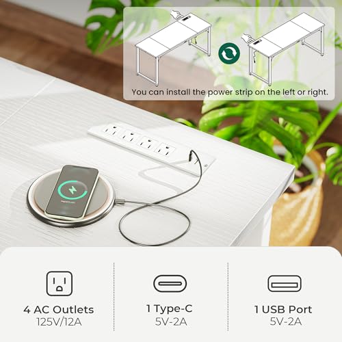 Huuger 63 x 24 inch Desk with Power Outlets & USB-C, Deeper & Thicker Desktop, Robust Metal Tubes, Computer Desk, Heavy Duty Office Desk, Work Gaming Desk, for Home Office, White