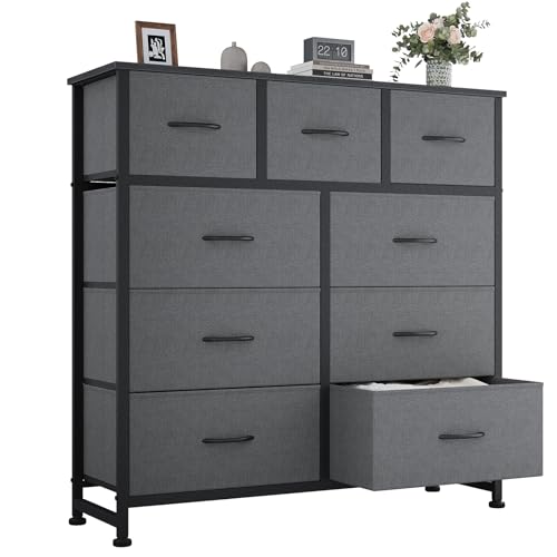 Image of OLIXIS 9-Drawer Fabric Storage Dresser Chest Organizer Unit, Grey | Sturdy and lightweight fabric drawers with easy-pull handles,Space-saving versatile organizer for clothes, bedroom