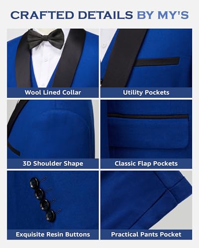 MY'S Mens 3 Piece Suit Set, One Button Shawl Lapel Tuxedo, Slim Fit Dinner Jacket Vest Pants & Tie, for Party Wedding Proms3