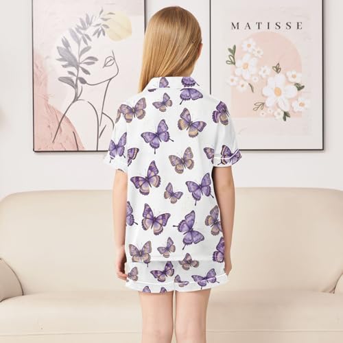ODAWA Butterflies Purple Satin Pajama Sets Button-Down Short Sleeve 2 Piece Loungewear Set 5-6Y3