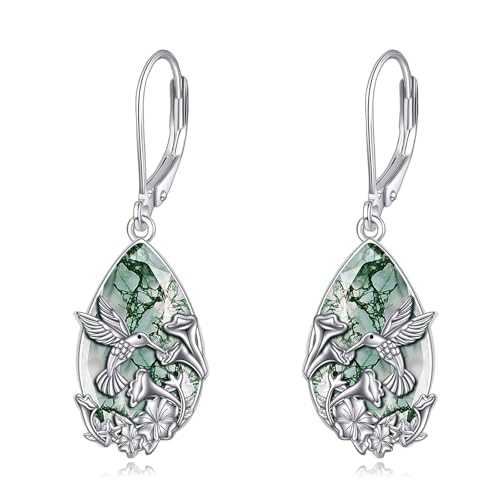 YFN Hummingbird Earrings Sterling Silver Moss Agate Dangle Drop Earrings Crystal Jewelry Gifts for Women