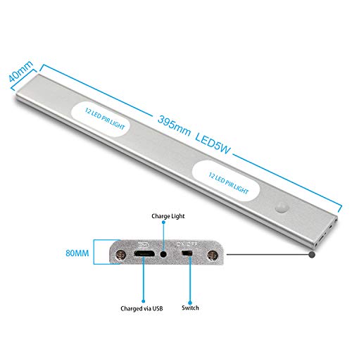 KETELAMP Under-Cabinet Light, 24 LED Closet Light, USB Rechargeable, Magnetic, Motion Sensor, Silver, 400mm x 40mm x 8mm, Cool White, Garage