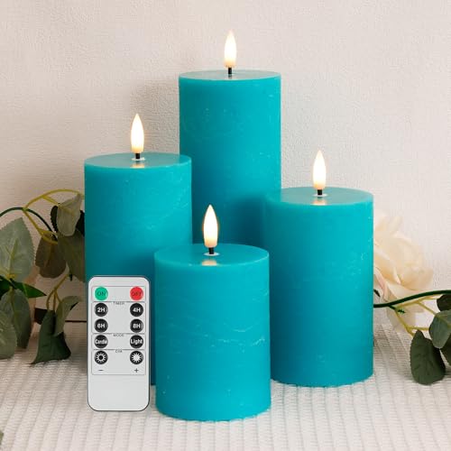 Image of Teal Flameless Pillar Candles, Battery Operated Candles with Remote, Wax