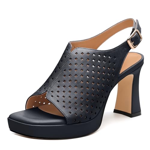 Image of Womens Heeled Platform Sandals, Chunky Heel Square Peep Toe Hollow Out Slingback Sandals, Leather Upper, Lining and Insole Shoes for Women 3.3 inch