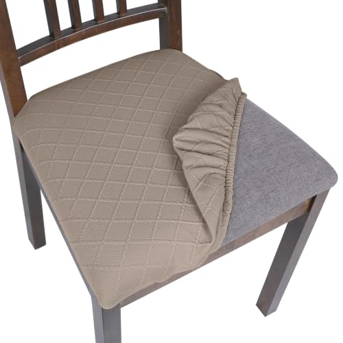 Image of SearchI Seat Covers for Dining Room Chairs Stretch Jacquard Chair Seat Covers Set of 6, Removable Washable Upholstered Chair Seat Protector Cushion Slipcovers for Kitchen, Office(Khaki Rhombus)