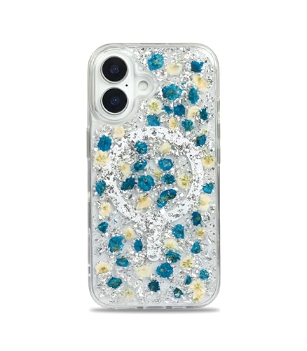 Image of Mag Flower Series Case for iPhone 16 Compatible with Wireless Charging | Real Dried Flower Embedded Design | Slim Transparent Shockproof Back Cover |Blue Edition