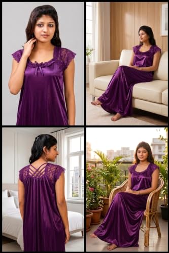Image of Satin Full Length Nighty for Women, Maroon Maxi Night Gown with Lace Detail, Soft Breathable Fabric, Stylish Night Dress