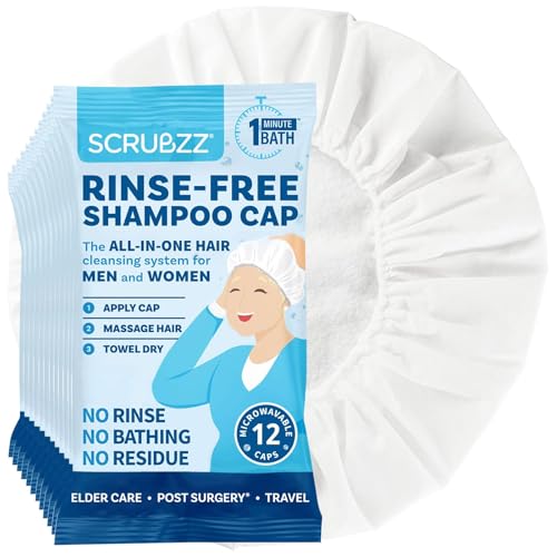 Scrubzz Shampoo Caps No Rinse for Elderly and Bedridden Patients, Rinse Free Shampoo Caps for Post Surgery and Hospital Stays, Waterless Hair Washing Shower Caps - 12 Pack