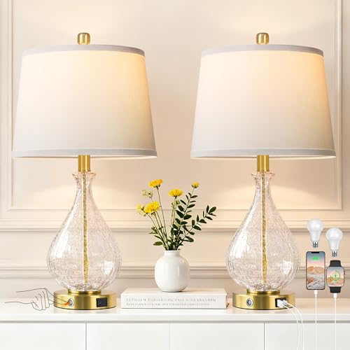 QiMH Glass Table Lamps for Living Room, Bedside Lamps Set of 2 with USB A+C Charging Ports, 3 Way Dimmable Touch Lamps for Nightstand, 22.5