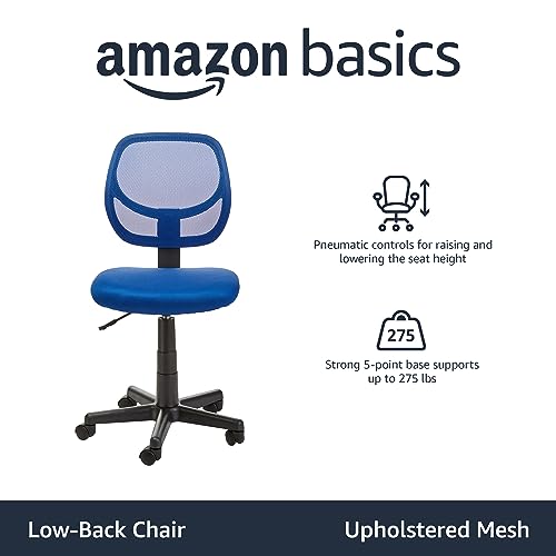 Image of Amazon Basics Low Back Office Chair, Breathable Mesh, Height Adjustable, Padded Seat, Rolling Wheels, Swivel, Blue, 21.25 inch D x 22.5 inch W x 38 inch H
