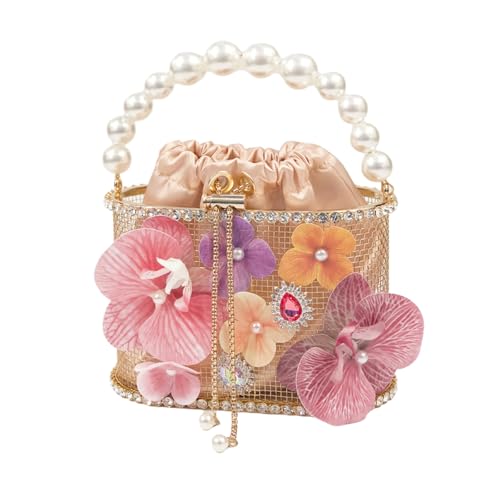 Rose Red Flower Shaped Rhinestone Gold Evening Bag