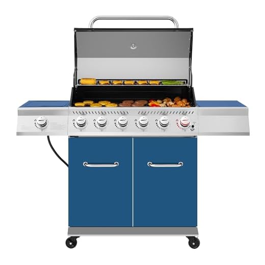 Royal Gourmet GA6402B 6 Burner Propane Gas Grill with Side Burner and Warming Rack, 74,000 BTUs, Cabinet Style Gas BBQ Grill for Barbecue Grilling & Backyard Cooking, Blue