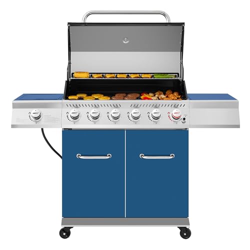 Royal Gourmet GA6402B 6 Burner Propane Gas Grill with Side Burner and Warming Rack, 74,000 BTUs, Cabinet Style Gas BBQ Grill for Barbecue Grilling & Backyard Cooking, Blue