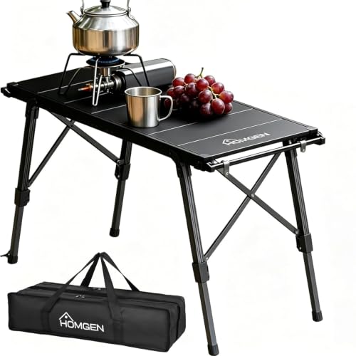 HOMGEN Mesa portátil de camping plegable ajustable altura 15-21.6 pulg, aluminio estable, mesa pequeña con barra lateral para colgar, 34.7 x 15 pulg superficie