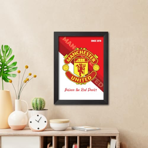 Image of TenorArts Man United Football Club Poster Logo Tagline Laminated Photo Frame Painting with Matt Finish Black Textures(12 inches x 9inches)