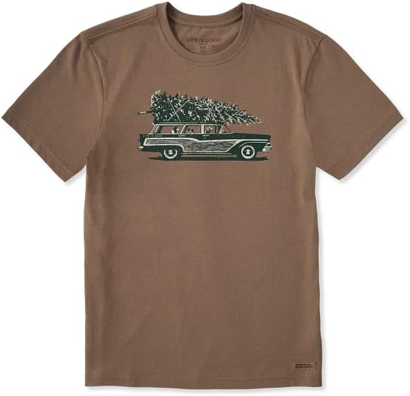 Life is Good. Men's Photo Christmas Tree Wagon Short Sleeve Crusher Tee, Mushroom Brown