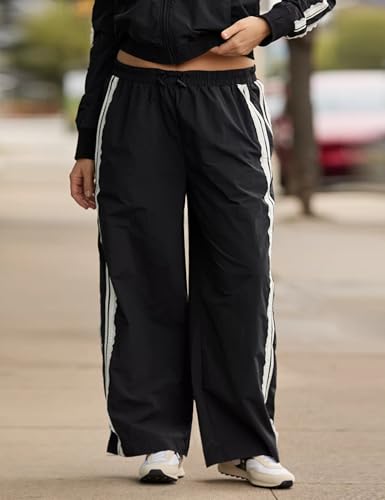 Womens Wide Leg Side Lace Striped Track Pants Elastic Waist Lounge Pants with Pockets3