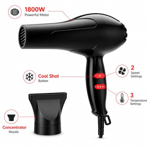 Image of Hair Dryer 1800W Powerful Hot & Cold Air Blow Dryer for Women & Men | Lightweight Hair Dryer with Styling Nozzle | Fast Drying Hair Dryer for Home, Salon & Travel Use(A1)
