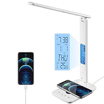 poukaran LED Desk Lamp with Wireless Charger, USB Charging Port, Office Table Lamp with Clock item