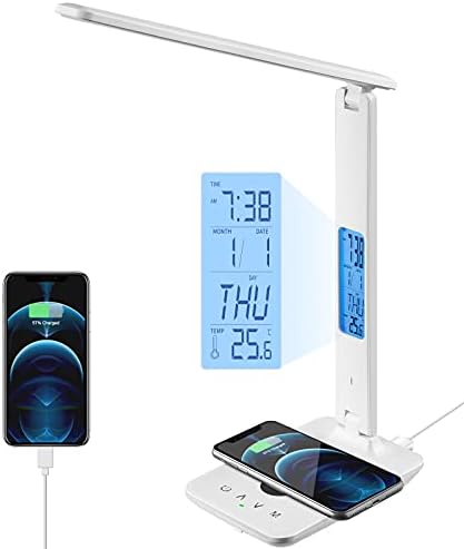 poukaran Desk Lamp, LED Desk Lamp with Wireless Charger, USB Charging Port, Table Lamp with Clock, Alarm, Date, Temperature, Office Lamp, Desk Lamps for Home Office, White