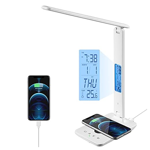 poukaran LED Desk Lamp with Wireless Charger, USB Charging Port, Office Table Lamp with Clock, Alarm, Date, Temperature for Home Office, White