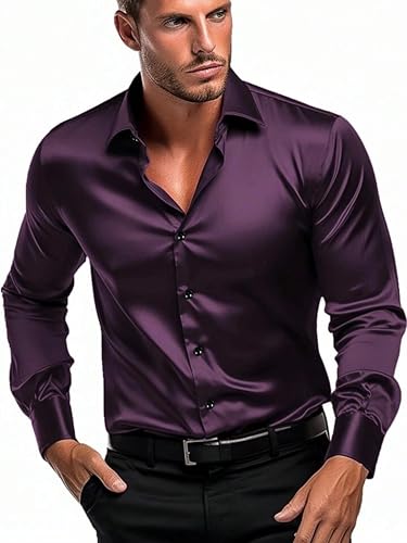 Image of IndoPrimo Men's Satin Shirt with Spread Collar Neck Line Solid Pattern Full Sleeves Regular Fit Western Style and Standard Length