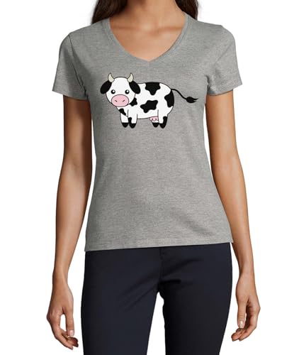 T-shirt vache col en V femme en coton gris pour exprimer votre style