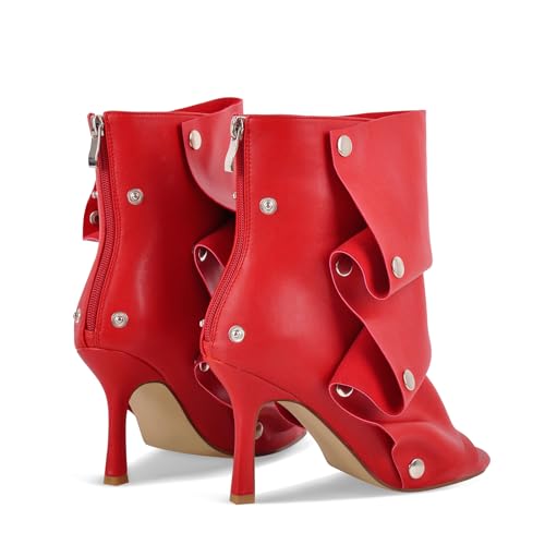 sexytag Women's Peep Toe Booties Slouchy Stiletto Kitten Heel Shark Boots Open Toe Back Zipper Fashion Ankle Short Boot3