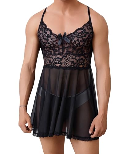 ABAFIP Men's Sissy Lingerie Crossdressing Nightwear Sheer Lace Mesh Nightdress Ruffle V-Neck Nightgown3