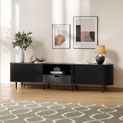 Image of DHH 86.6 inch Fluted TV Stand with Power Outlet for TVs up to 90 inch, TV Console with Adjustable Shelves and Sliding Door,Mid Century Modern Entertainment Center for Living Room,Bedroom (Black)